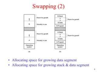 9
Swapping (2)
• Allocating space for growing data segment
• Allocating space for growing stack & data segment
 