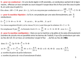 



2
n
k
:
avec
k
E
2
n
E
:
écrit
s'
formule
la
,
2
par
N
remplacant
En
N.
2
:
relation
la
par
liées
sont
)
tr/s
(
N
vitesse
la
et
)
(rd/s
angulaire
vitesse
La
V
en
:
E
,
en Wb
:
,
en tr/s
:
N
N
n
N
2
2
n
E




























c - pour la machine bipolaire : la f.é.m. est produite par une voie d’enroulement, soit
conducteurs:
5
2
n
d - pour la machine multipolaire : Dans ce cas la machine a 2p pôles et 2a voies d’enroulement
(nombre de circuits mis en parallèle entre les bornes de l’induit). Il ya n/2a conducteurs par voie
au lieu de n/2. En un tour, un conducteur coupe le flux , 2p fois au lieu de 2 fois.

induit.
d'
t
enroulemen
d'
voies
de
paires
de
nombre
:
a
.
inducteurs
poles
de
paires
de
nombre
:
p
a
2
n
p
K
:
avec
K
E
a
2
n
p
E
2
n
a
p
E
2
N
:
or
N
n
a
p
N
p
2
2a
n
E
:
donc























































 N
2
2
t
e
:
est
conducteur
par
moyenne
f.e.m.
la
,
t
:
pour
2
:
donc
a
On
N
1
N
1
neutre, effectue un tour complet au cours duquel il coupe deux fois le flux (une fois sous le pole
N, en suite sous le pole S ).
b - pour un conducteur : En une durée égale à 1/N secondes, un conducteur partant de la ligne
 