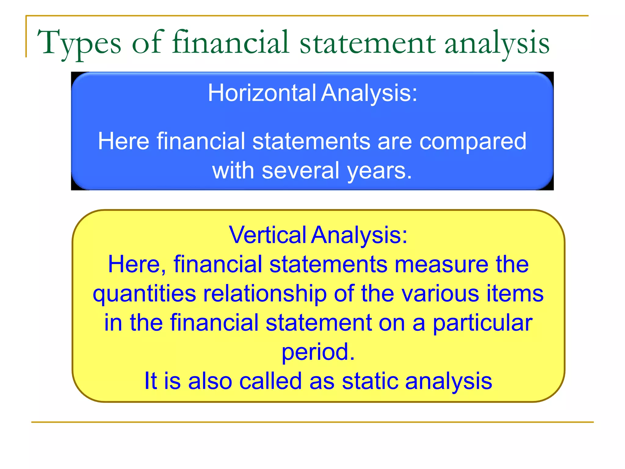 Types of financial statement analysis
Horizontal Analysis:
Here financial statements are compared
with several years.
Vertical Analysis:
Here, financial statements measure the
quantities relationship of the various items
in the financial statement on a particular
period.
It is also called as static analysis
 