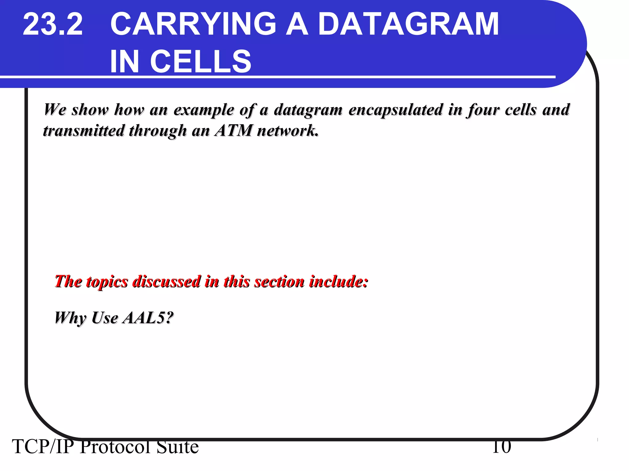 23.2 CARRYING A DATAGRAM 
IN CELLS 
We show how an example of a datagram encapsulated iinn ffoouurr cceellllss aanndd 
ttrraannssmmiitttteedd tthhrroouugghh aann AATTMM nneettwwoorrkk.. 
TThhee ttooppiiccss ddiissccuusssseedd iinn tthhiiss sseeccttiioonn iinncclluuddee:: 
WWhhyy UUssee AAAALL55?? 
TCP/IP Protocol Suite 10 
 