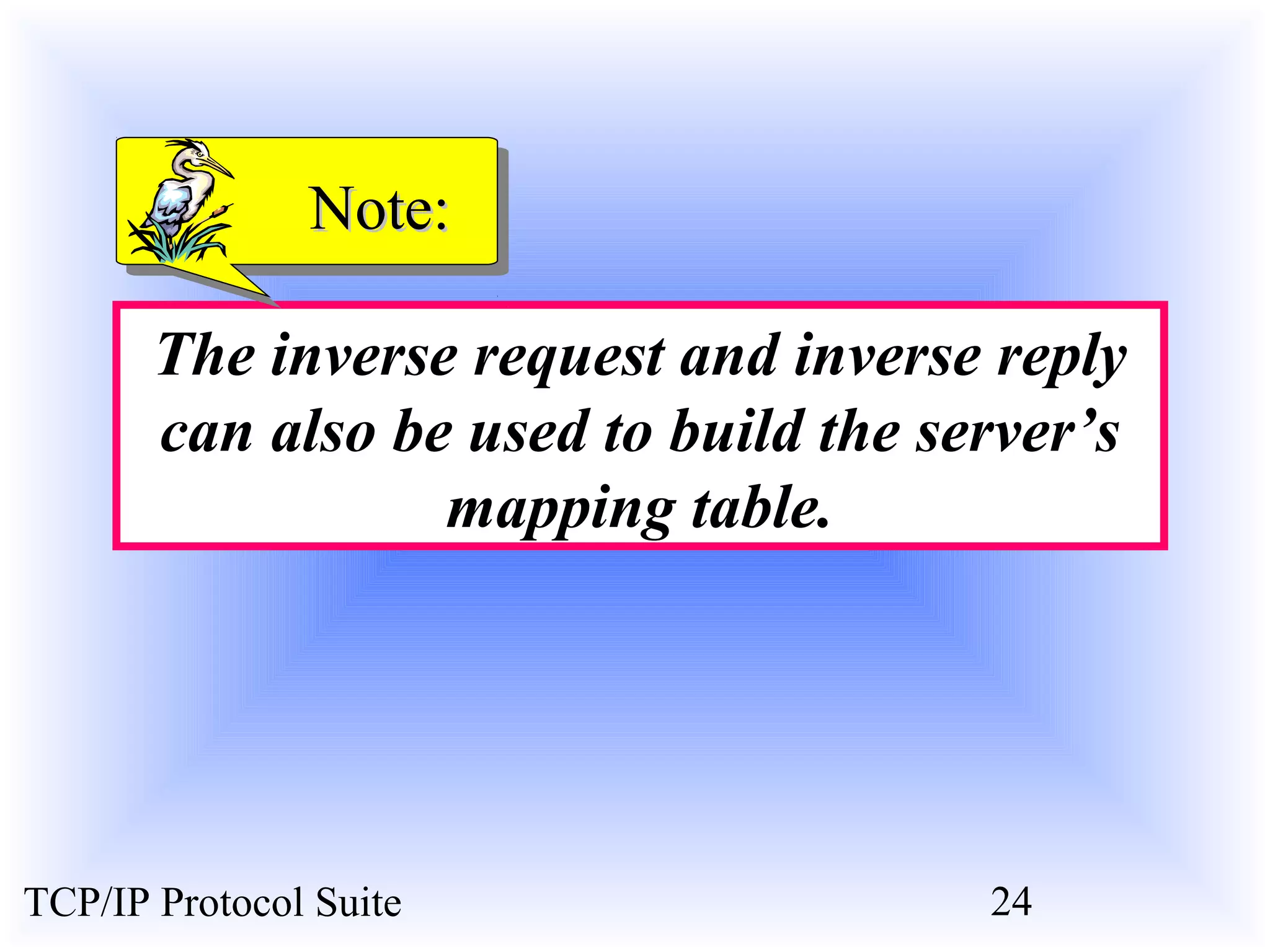 NNoottee:: 
The inverse request and inverse reply 
can also be used to build the server’s 
mapping table. 
TCP/IP Protocol Suite 24 
 
