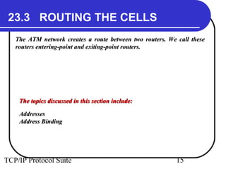 23.3 ROUTING THE CELLS 
The ATM network creates a route between two rroouutteerrss.. WWee ccaallll tthheessee 
rroouutteerrss eenntteerriinngg--ppooiinntt aanndd eexxiittiinngg--ppooiinntt rroouutteerrss.. 
TThhee ttooppiiccss ddiissccuusssseedd iinn tthhiiss sseeccttiioonn iinncclluuddee:: 
AAddddrreesssseess 
AAddddrreessss BBiinnddiinngg 
TCP/IP Protocol Suite 15 
 