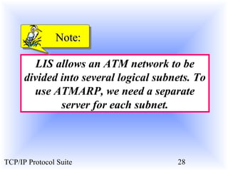 NNoottee:: 
LIS allows an ATM network to be 
divided into several logical subnets. To 
use ATMARP, we need a separate 
server for each subnet. 
TCP/IP Protocol Suite 28 
