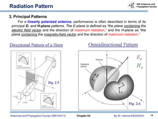 Antennas and Propagation Course (5801437-3) Chapter 03 By Dr. Hamza KAOUACH 14
Radiation Pattern
3. Principal Patterns
For a linearly polarized antenna, performance is often described in terms of its
principal E- and H-plane patterns. The E-plane is defined as “the plane containing the
electric field vector and the direction of maximum radiation,” and the H-plane as “the
plane containing the magnetic-field vector and the direction of maximum radiation.”
 