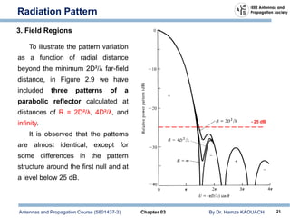 Antennas and Propagation Course (5801437-3) Chapter 03 By Dr. Hamza KAOUACH 21
Radiation Pattern
To illustrate the pattern variation
as a function of radial distance
beyond the minimum 2D²/λ far-field
distance, in Figure 2.9 we have
included three patterns of a
parabolic reflector calculated at
distances of R = 2D²/λ, 4D²/λ, and
infinity.
It is observed that the patterns
are almost identical, except for
some differences in the pattern
structure around the first null and at
a level below 25 dB.
3. Field Regions
- 25 dB
 