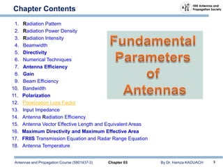 Antennas and Propagation Course (5801437-3) Chapter 03 By Dr. Hamza KAOUACH 3
Chapter Contents
1. Radiation Pattern
2. Radiation Power Density
3. Radiation Intensity
4. Beamwidth
5. Directivity
6. Numerical Techniques
7. Antenna Efficiency
8. Gain
9. Beam Efficiency
10. Bandwidth
11. Polarization
12. Polarization Loss Factor
13. Input Impedance
14. Antenna Radiation Efficiency
15. Antenna Vector Effective Length and Equivalent Areas
16. Maximum Directivity and Maximum Effective Area
17. FRIIS Transmission Equation and Radar Range Equation
18. Antenna Temperature
 