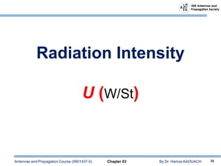 Antennas and Propagation Course (5801437-3) Chapter 03 By Dr. Hamza KAOUACH 32
Radiation Intensity
U (W/St)
 