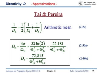 Antennas and Propagation Course (5801437-3) Chapter 03 By Dr. Hamza KAOUACH 68
Directivity D - Approximations -
 