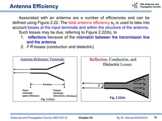 Antennas and Propagation Course (5801437-3) Chapter 03 By Dr. Hamza KAOUACH 92
Antenna Efficiency
Associated with an antenna are a number of efficiencies and can be
defined using Figure 2.22. The total antenna efficiency e0 is used to take into
account losses at the input terminals and within the structure of the antenna.
Such losses may be due, referring to Figure 2.22(b), to
1. reflections because of the mismatch between the transmission line
and the antenna
2. I2 R losses (conduction and dielectric)
 