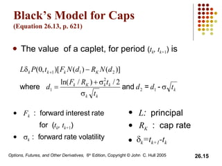 Black’s Model for Caps (Equation 26.13, p. 621) The value  of a caplet, for period  ( t k ,  t k+ 1 )  is F k   :  forward interest rate    for  ( t k ,  t k+ 1 )  k   :  forward rate volatility L :  principal R K   :  cap rate  k =t k+1 -t k 