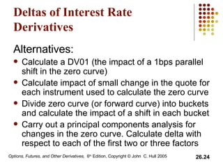 Deltas of Interest Rate Derivatives   Alternatives: Calculate a DV01 (the impact of a 1bps parallel shift in the zero curve) Calculate impact of small change in the quote for each instrument used to calculate the zero curve Divide zero curve (or forward curve) into buckets and calculate the impact of a shift in each bucket Carry out a principal components analysis for changes in the zero curve. Calculate delta with respect to each of the first two or three factors 