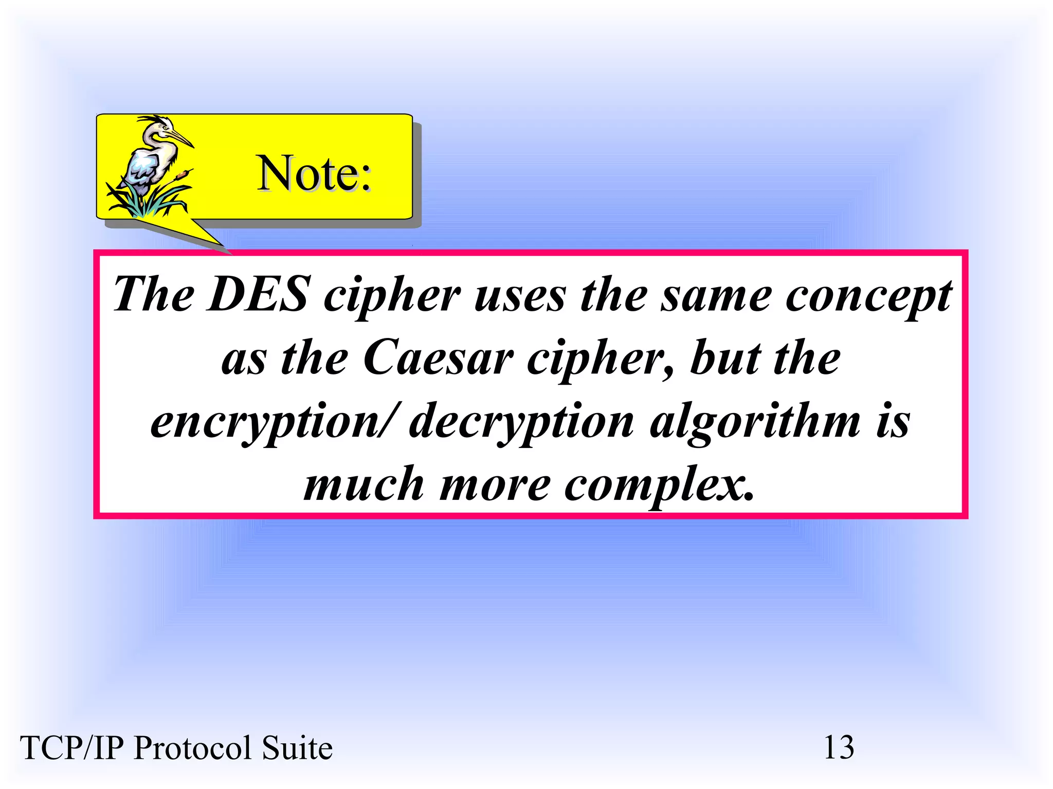 NNoottee:: 
The DES cipher uses the same concept 
as the Caesar cipher, but the 
encryption/ decryption algorithm is 
much more complex. 
TCP/IP Protocol Suite 13 
 