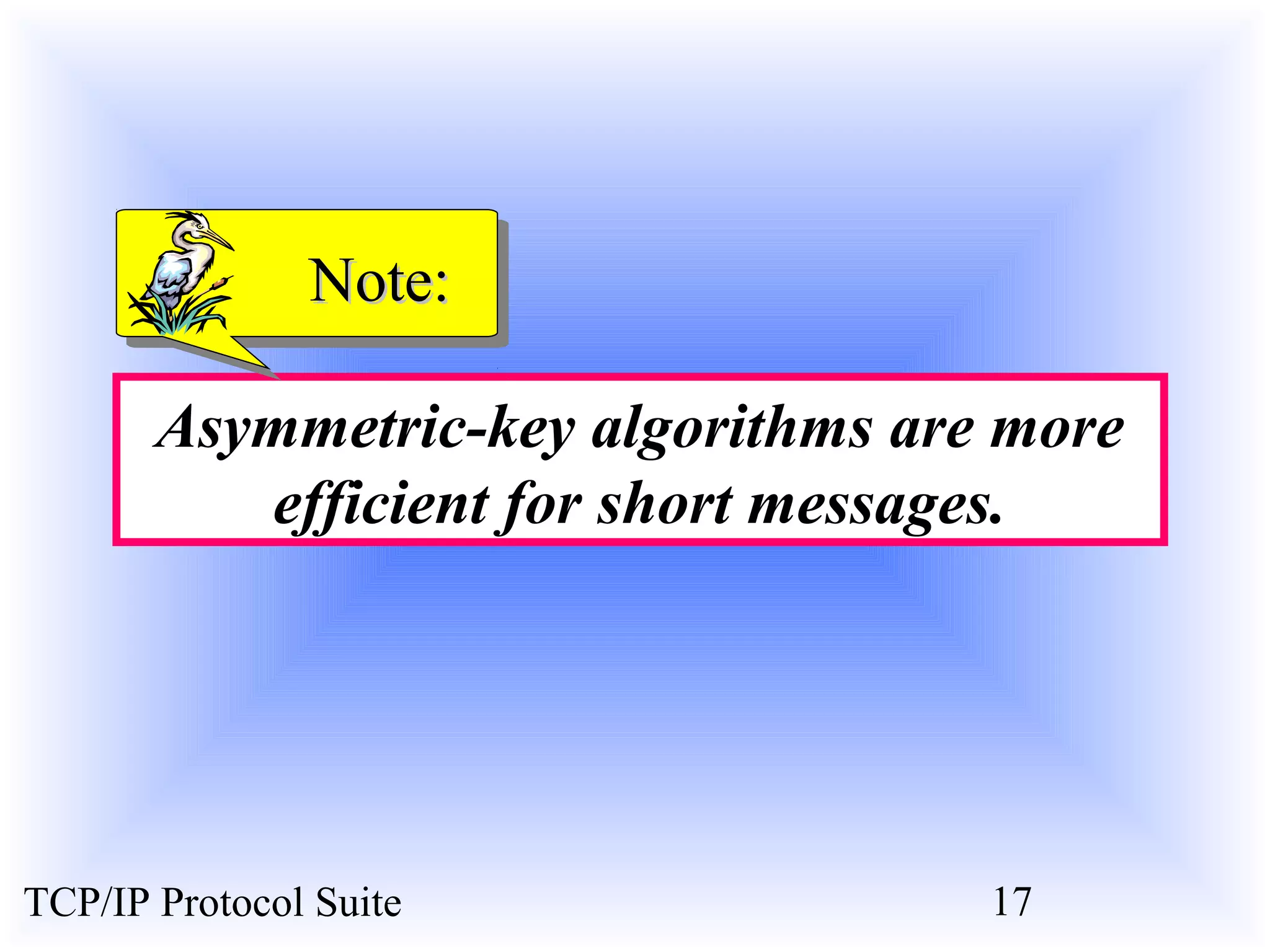 NNoottee:: 
Asymmetric-key algorithms are more 
efficient for short messages. 
TCP/IP Protocol Suite 17 
 