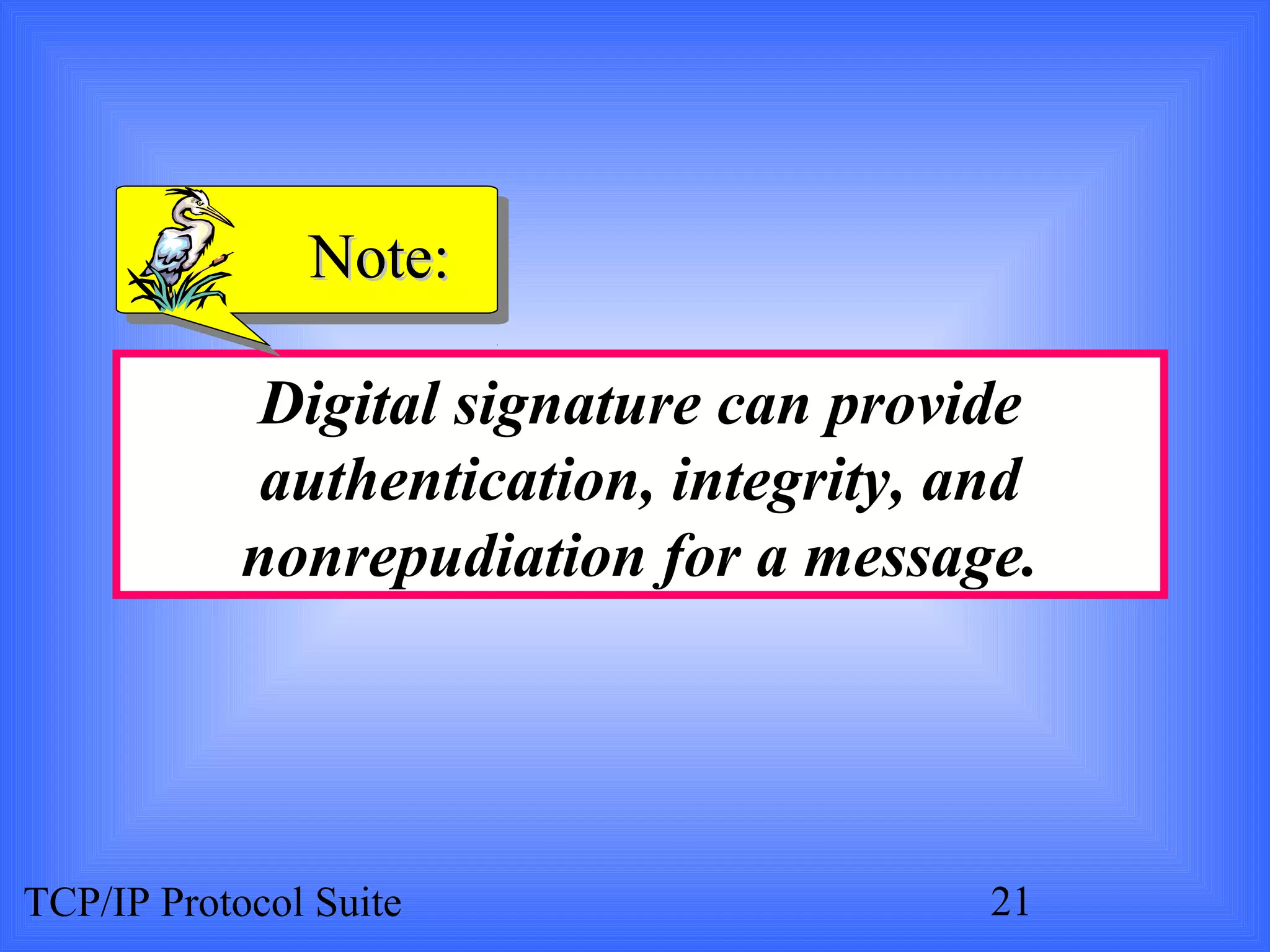 NNoottee:: 
Digital signature can provide 
authentication, integrity, and 
nonrepudiation for a message. 
TCP/IP Protocol Suite 21 
 