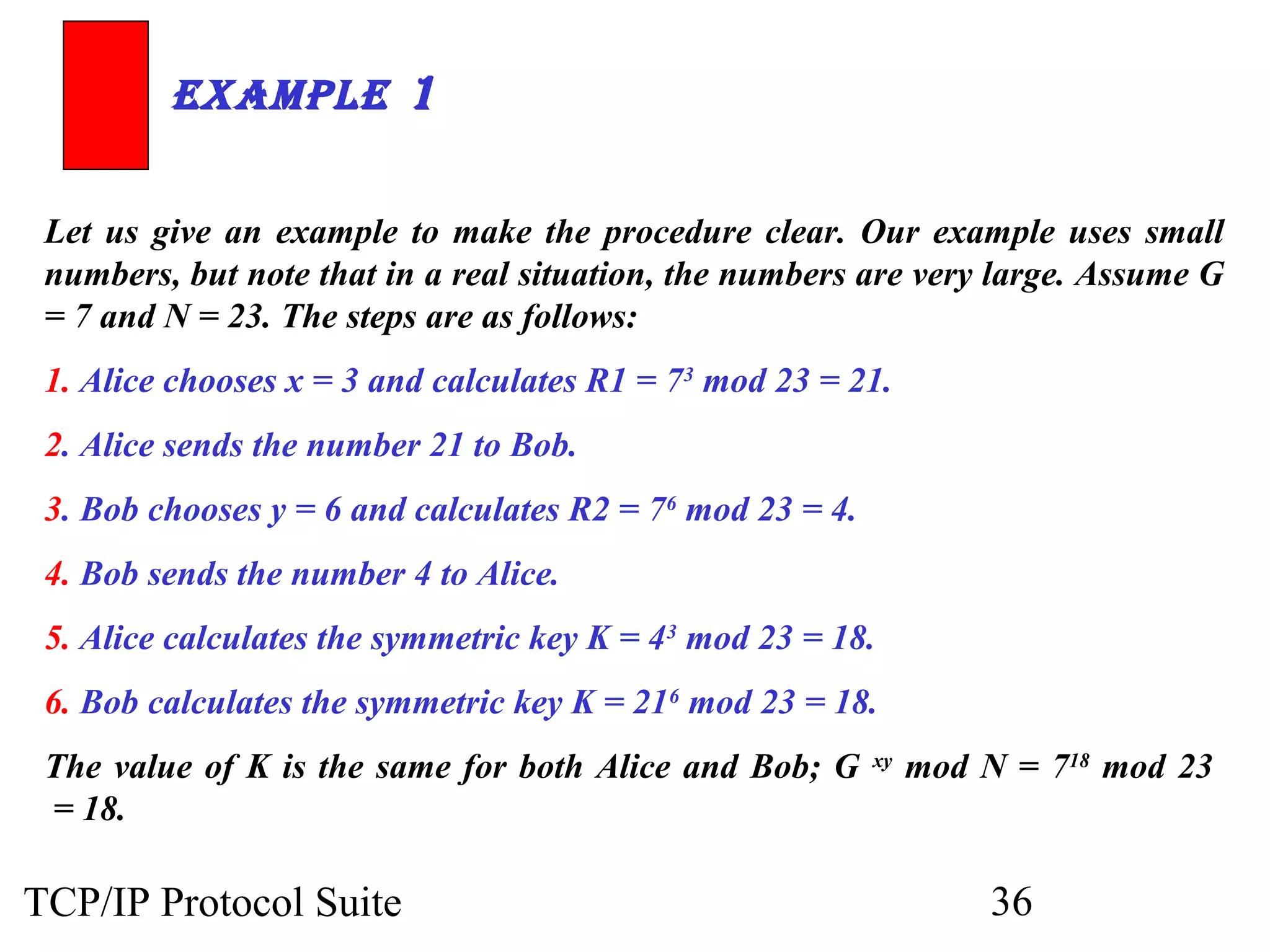 ExamplE 1 
Let us give an example to make the procedure clear. Our example uses small 
numbers, but note that in a real situation, the numbers are very large. Assume G 
= 7 and N = 23. The steps are as follows: 
1. Alice chooses x = 3 and calculates R1 = 73 mod 23 = 21. 
2. Alice sends the number 21 to Bob. 
3. Bob chooses y = 6 and calculates R2 = 76 mod 23 = 4. 
4. Bob sends the number 4 to Alice. 
5. Alice calculates the symmetric key K = 43 mod 23 = 18. 
6. Bob calculates the symmetric key K = 216 mod 23 = 18. 
The value of K is the same for both Alice and Bob; G xy mod N = 718 mod 23 
= 18. 
TCP/IP Protocol Suite 36 
 