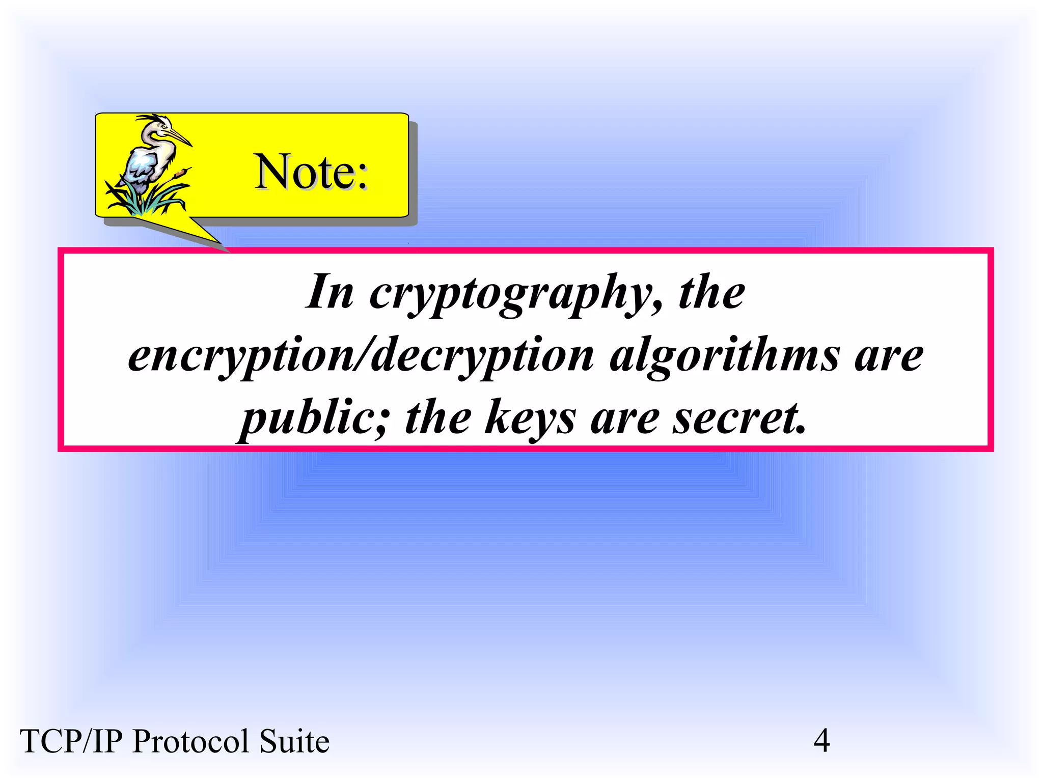 NNoottee:: 
In cryptography, the 
encryption/decryption algorithms are 
public; the keys are secret. 
TCP/IP Protocol Suite 4 
 