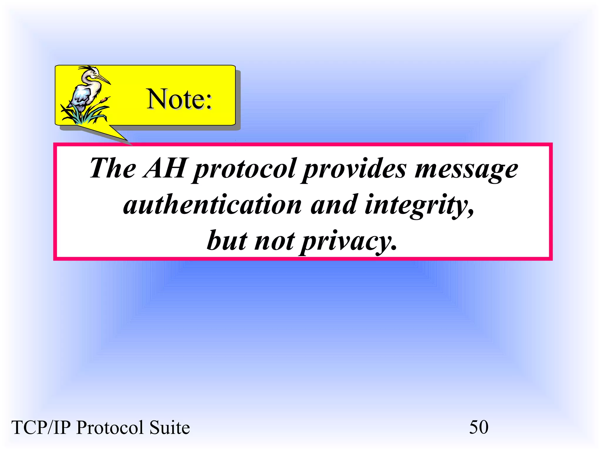 NNoottee:: 
The AH protocol provides message 
authentication and integrity, 
but not privacy. 
TCP/IP Protocol Suite 50 
 