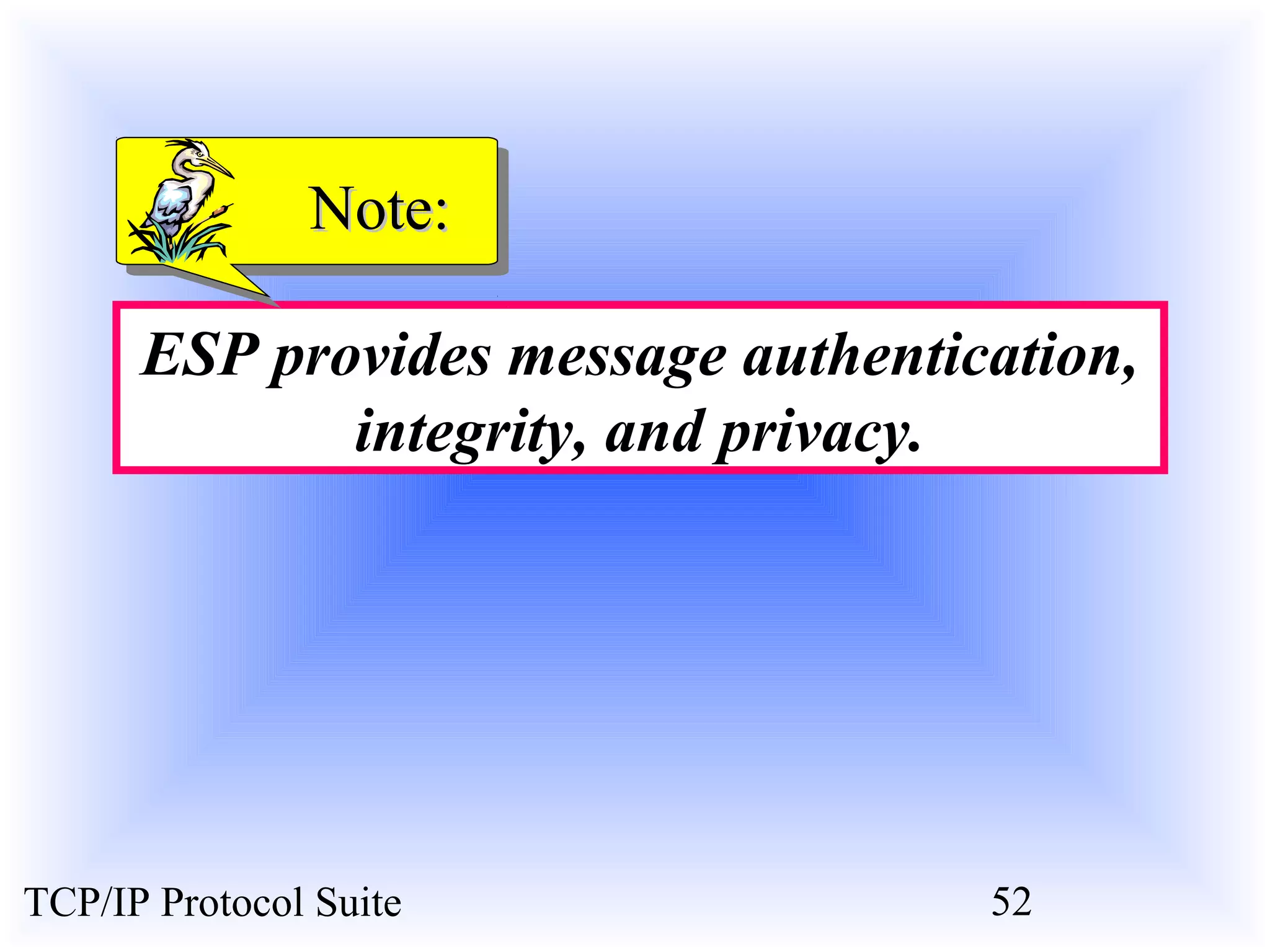 NNoottee:: 
ESP provides message authentication, 
integrity, and privacy. 
TCP/IP Protocol Suite 52 
 