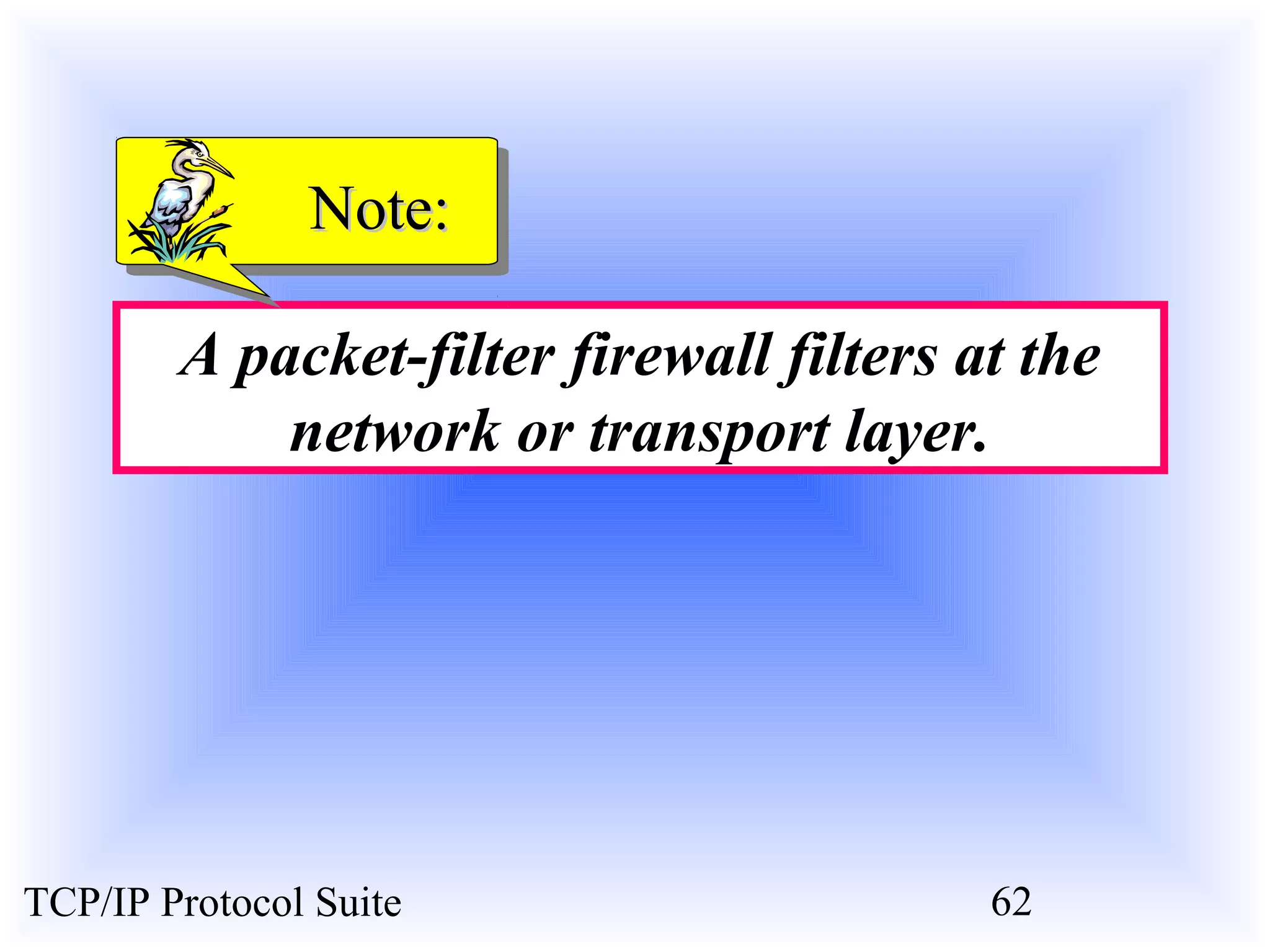 NNoottee:: 
A packet-filter firewall filters at the 
network or transport layer. 
TCP/IP Protocol Suite 62 
 