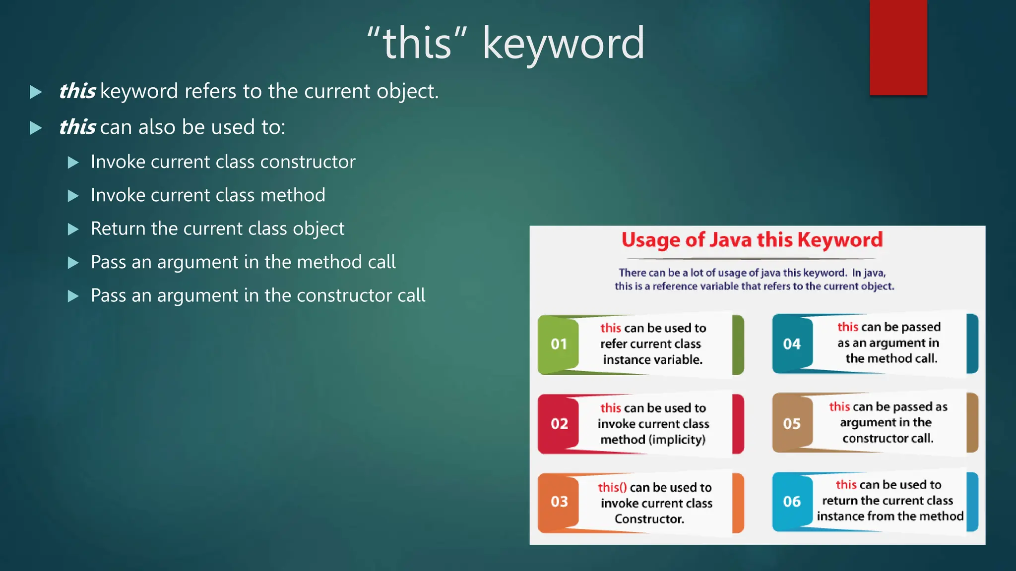 “this” keyword
 this keyword refers to the current object.
 this can also be used to:
 Invoke current class constructor
 Invoke current class method
 Return the current class object
 Pass an argument in the method call
 Pass an argument in the constructor call
 