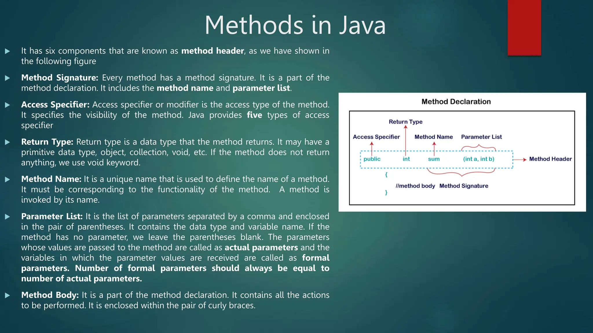Methods in Java
 It has six components that are known as method header, as we have shown in
the following figure
 Method Signature: Every method has a method signature. It is a part of the
method declaration. It includes the method name and parameter list.
 Access Specifier: Access specifier or modifier is the access type of the method.
It specifies the visibility of the method. Java provides five types of access
specifier
 Return Type: Return type is a data type that the method returns. It may have a
primitive data type, object, collection, void, etc. If the method does not return
anything, we use void keyword.
 Method Name: It is a unique name that is used to define the name of a method.
It must be corresponding to the functionality of the method. A method is
invoked by its name.
 Parameter List: It is the list of parameters separated by a comma and enclosed
in the pair of parentheses. It contains the data type and variable name. If the
method has no parameter, we leave the parentheses blank. The parameters
whose values are passed to the method are called as actual parameters and the
variables in which the parameter values are received are called as formal
parameters. Number of formal parameters should always be equal to
number of actual parameters.
 Method Body: It is a part of the method declaration. It contains all the actions
to be performed. It is enclosed within the pair of curly braces.
 