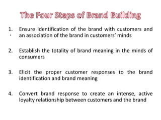.
1.   Ensure identification of the brand with customers and
.    an association of the brand in customers’ minds

2.   Establish the totality of brand meaning in the minds of
     consumers

3.   Elicit the proper customer responses to the brand
     identification and brand meaning

4.   Convert brand response to create an intense, active
     loyalty relationship between customers and the brand
 