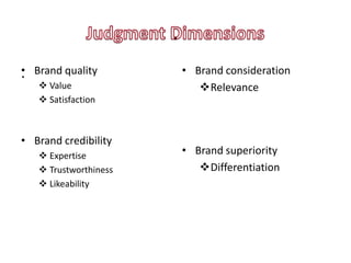 .
• Brand quality
.                          • Brand consideration
    Value                    Relevance
    Satisfaction



• Brand credibility
    Expertise             • Brand superiority
    Trustworthiness          Differentiation
    Likeability
 
