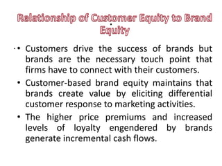 .
. • Customers drive the success of brands but
    brands are the necessary touch point that
    firms have to connect with their customers.
  • Customer-based brand equity maintains that
    brands create value by eliciting differential
    customer response to marketing activities.
  • The higher price premiums and increased
    levels of loyalty engendered by brands
    generate incremental cash flows.
 