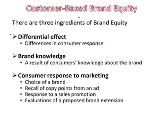 .
    There are three ingredients of Brand Equity
.
     Differential effect
       • Differences in consumer response

     Brand knowledge
       • A result of consumers’ knowledge about the brand

     Consumer response to marketing
       •   Choice of a brand
       •   Recall of copy points from an ad
       •   Response to a sales promotion
       •   Evaluations of a proposed brand extension
 