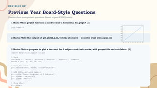 R E V I S I O N K I T
Previous Year Board-Style Questions
Practice these exam-pattern questions (based on past CBSE trends):
1 Mark: Which pyplot function is used to draw a horizontal bar graph? [1]
2 Marks: Write the output of: plt.plot([1,2,3],[4,5,6]); plt.show() — describe what will appear. [2]
3 Marks: Write a program to plot a bar chart for 5 subjects and their marks, with proper title and axis labels. [3]
plt.barh()
import matplotlib.pyplot as plt
# Data
subjects = ['Maths', 'Science', 'English', 'History', 'Computer']
marks = [85, 78, 92, 74, 88]
# Plot bar chart
plt.bar(subjects, marks, color='skyblue')
# Add title and axis labels
plt.title("Marks Obtained in 5 Subjects")
plt.xlabel("Subjects")
plt.ylabel("Marks")
# Show chart
plt.show()
 