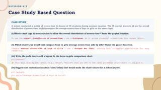 R E V I S I O N K I T
Case Study Based Question
CASE STUDY
A school conducted a survey of screen-time (in hours) of 50 students during summer vacation. The IT teacher wants to (i) see the overall
distribution of screen-time, and (ii) compare the average screen-time of boys vs girls on the same chart.
(i) Which chart type is most suitable to show the overall distribution of screen-time? Name the pyplot function.
(ii) Which chart type would best compare boys vs girls average screen-time side by side? Name the pyplot function.
(iii) Write the code line to add a legend to the boys-vs-girls comparison chart.
(iv) Suggest one customization (title/label/color) that would make the chart clearer for a school report.
To see the overall distribution of screen-time → use a Histogram, as it groups students’ screen-time into ranges (bins).
compare average screen-time of boys vs girls → use a Grouped Bar Chart, showing both categories side-by-side for easy
comparison.
plt.legend()
This will display the labels (e.g., "Boys", "Girls") that you set in the label parameter of plt.bar() or plt.plot().
plt.legend()
plt.title("Average Screen-Time of Boys vs Girls")
 