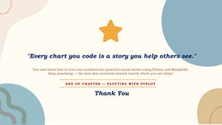 "Every chart you code is a story you help others see."
You now know how to turn raw numbers into powerful visual stories using Python and Matplotlib.
Keep practising — the best data scientists started exactly where you are today!
E N D O F C H A P T E R — P L O T T I N G W I T H P Y P L O T
Thank You
 