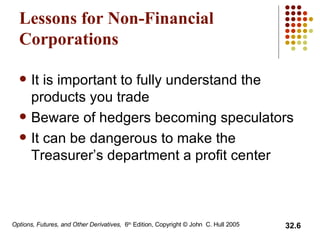 Lessons for Non-Financial Corporations It is important to fully understand the products you trade Beware of hedgers becoming speculators It can be dangerous to make the Treasurer’s department a profit center 