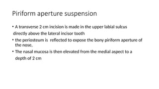 Piriform aperture suspension
• A transverse 2 cm incision is made in the upper labial sulcus
directly above the lateral incisor tooth
• the periosteum is reflected to expose the bony piriform aperture of
the nose,
• The nasal mucosa is then elevated from the medial aspect to a
depth of 2 cm
 