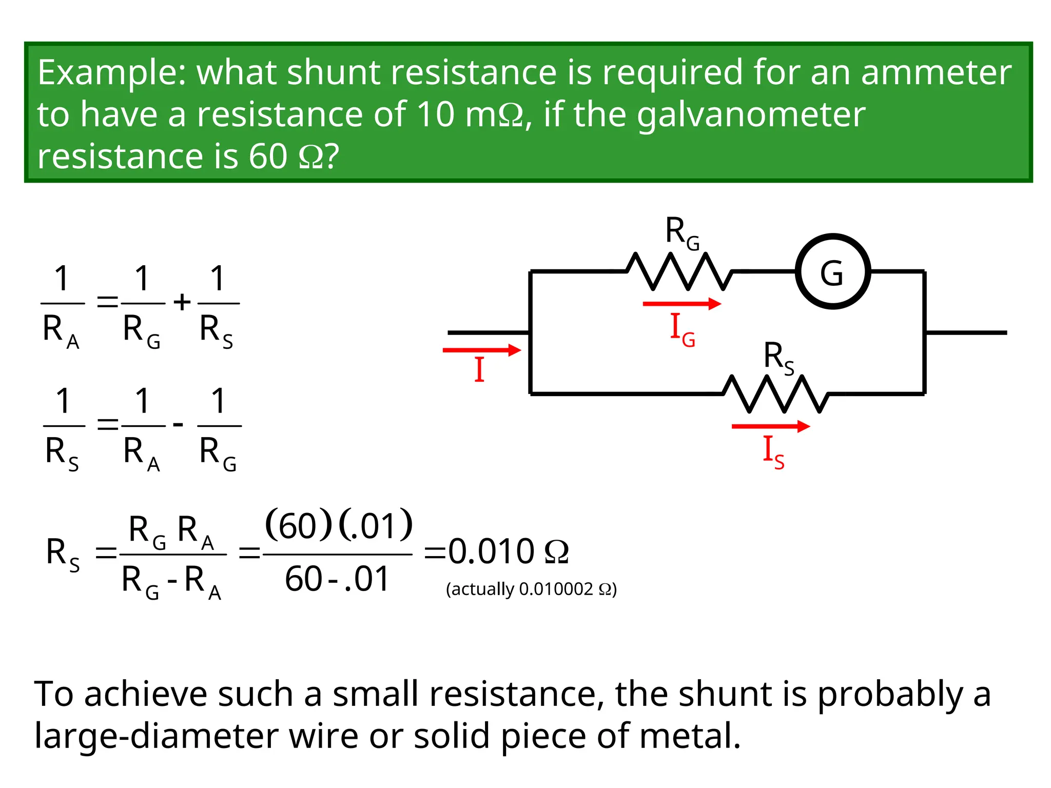 A galvanometer-based ammeter uses a galvanometer and a
shunt, connected in parallel:
G
RG
RS
IG
IS
I
 
A G S
1 1 1
R R R
Example: what shunt resistance is required for an ammeter
to have a resistance of 10 m, if the galvanometer
resistance is 60 ?
 
S A G
1 1 1
R R R
  
   
G A
S
G A
60 .01
R R
R 0.010
R -R 60-.01 (actually 0.010002 )
To achieve such a small resistance, the shunt is probably a
large-diameter wire or solid piece of metal.
 