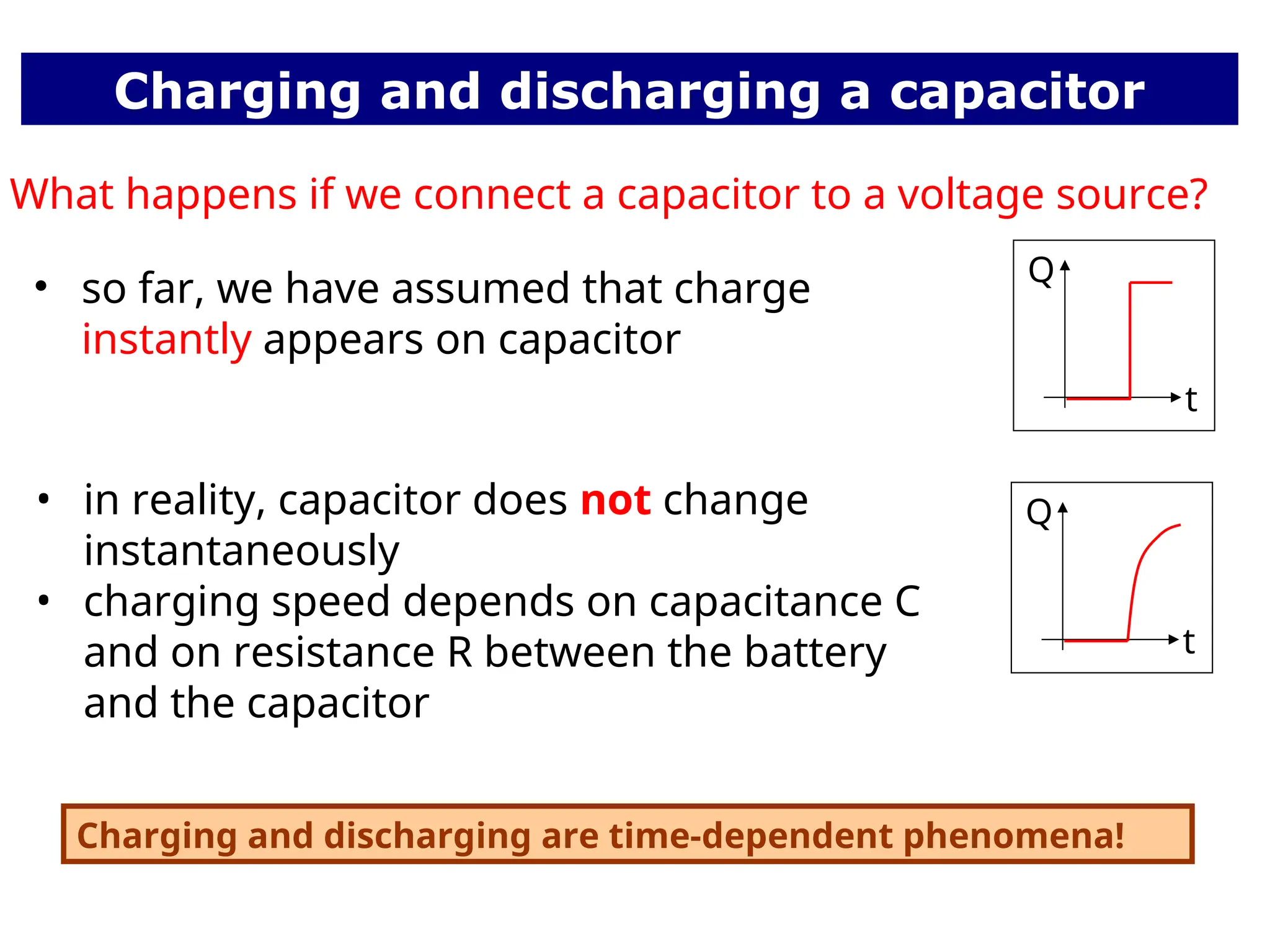 Charging and discharging a capacitor
• so far, we have assumed that charge
instantly appears on capacitor
• in reality, capacitor does not change
instantaneously
• charging speed depends on capacitance C
and on resistance R between the battery
and the capacitor
Q
t
Q
t
What happens if we connect a capacitor to a voltage source?
Charging and discharging are time-dependent phenomena!
 