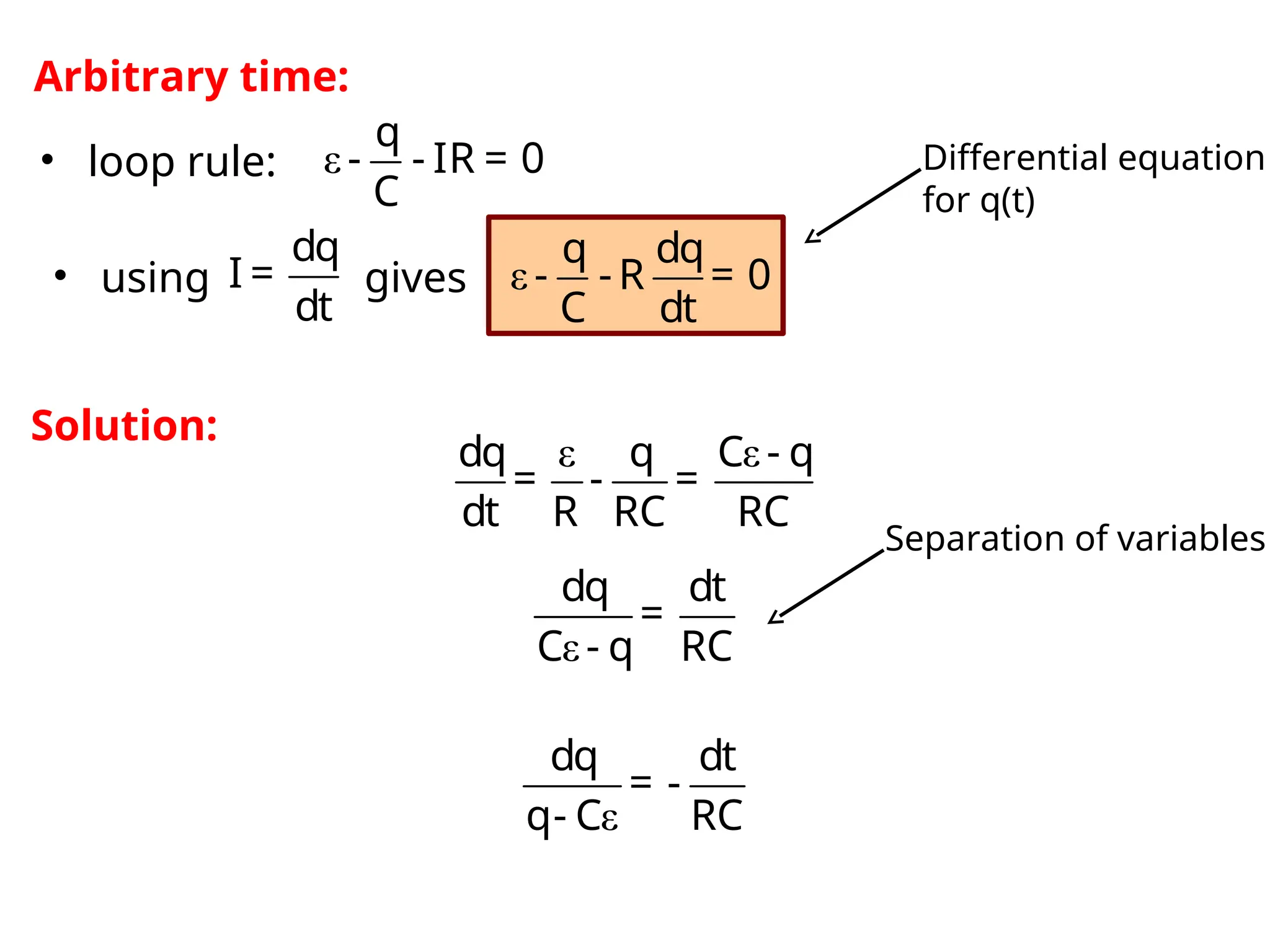 ε
q
- - IR = 0
C
Arbitrary time:
ε ε
dq q C - q
= - =
dt R RC RC
ε
dq dt
=
C - q RC
ε
dq dt
= -
q- C RC
dq
I =
dt
• using gives
• loop rule:
ε
q dq
- -R = 0
C dt
Differential equation
for q(t)
Solution:
Separation of variables
 