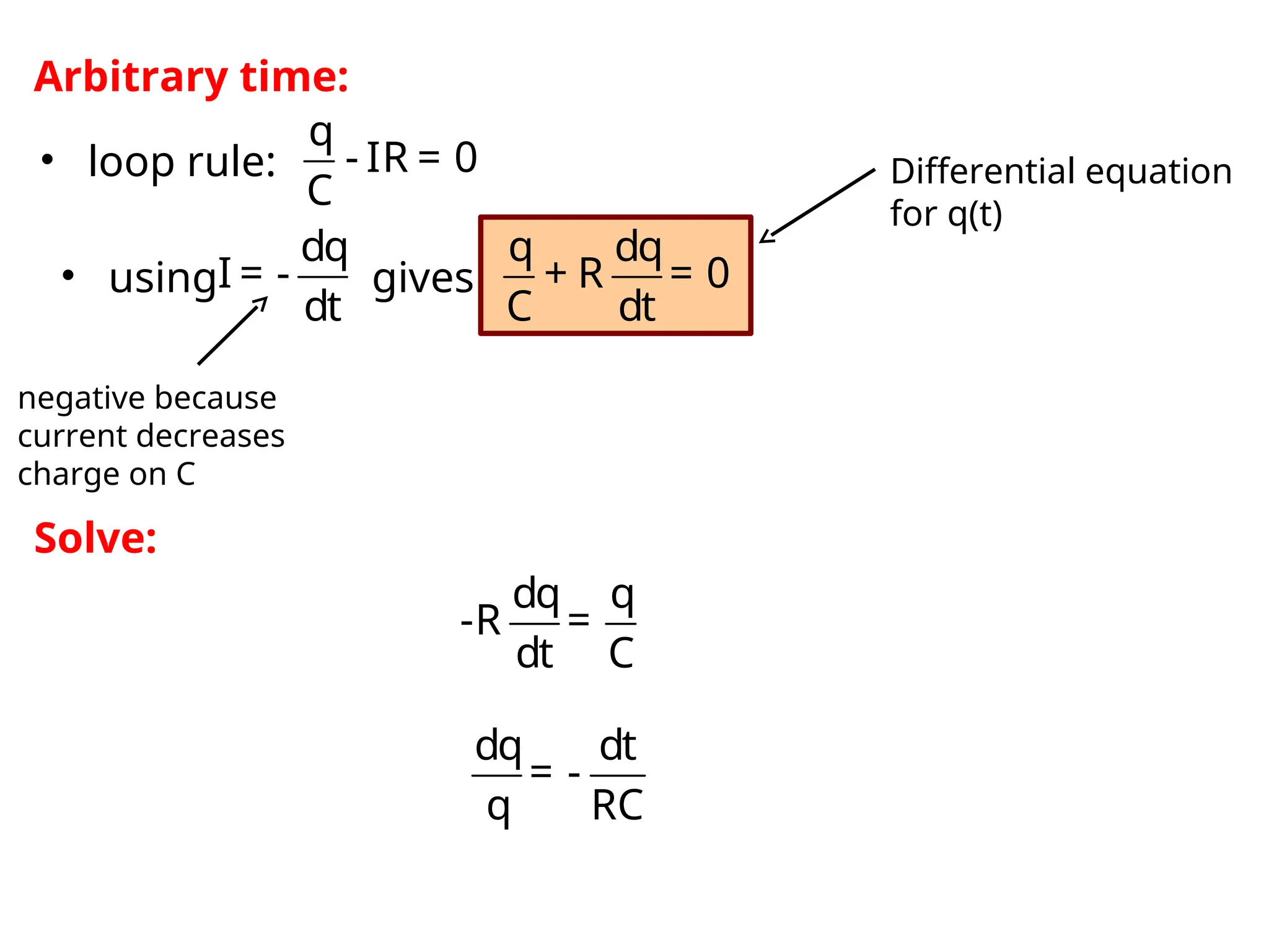 q
- IR = 0
C
dq dt
= -
q RC
dq q
-R =
dt C
negative because
current decreases
charge on C
Arbitrary time:
dq
I = -
dt
• using gives
• loop rule: Differential equation
for q(t)
q dq
+ R = 0
C dt
Solve:
 