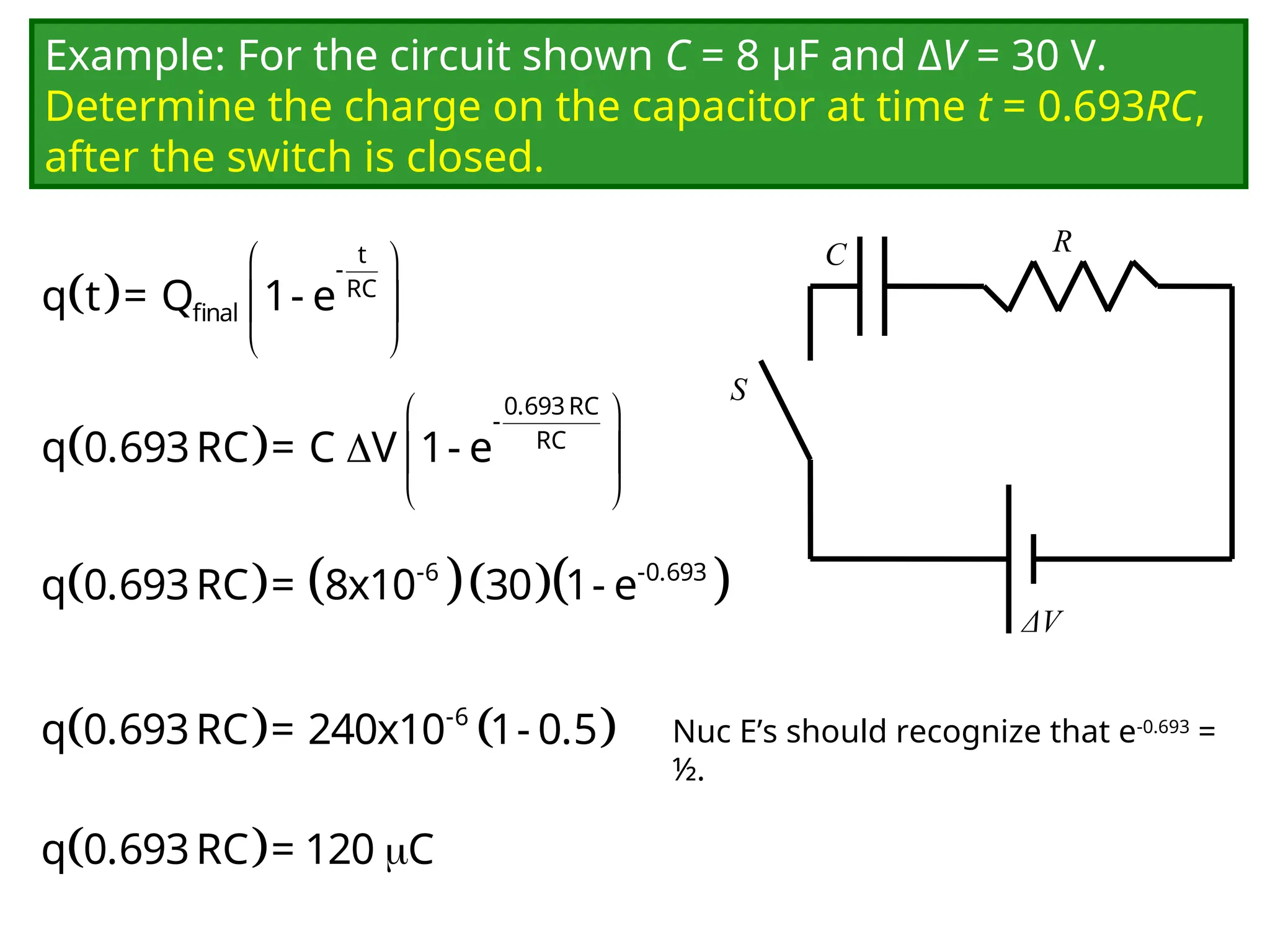 Example: For the circuit shown C = 8 μF and ΔV = 30 V.
Determine the charge on the capacitor at time t = 0.693RC,
after the switch is closed.
C
ΔV
R
S
 
 
 
 
t
-
RC
final
q t = Q 1- e
 
 
  
 
0.693RC
-
RC
q 0.693RC = C V 1- e
     
-6 -0.693
q 0.693RC = 8x10 30 1- e
   
-6
q 0.693RC = 240x10 1- 0.5
  
q 0.693RC = 120 C
Nuc E’s should recognize that e-0.693
=
½.
 