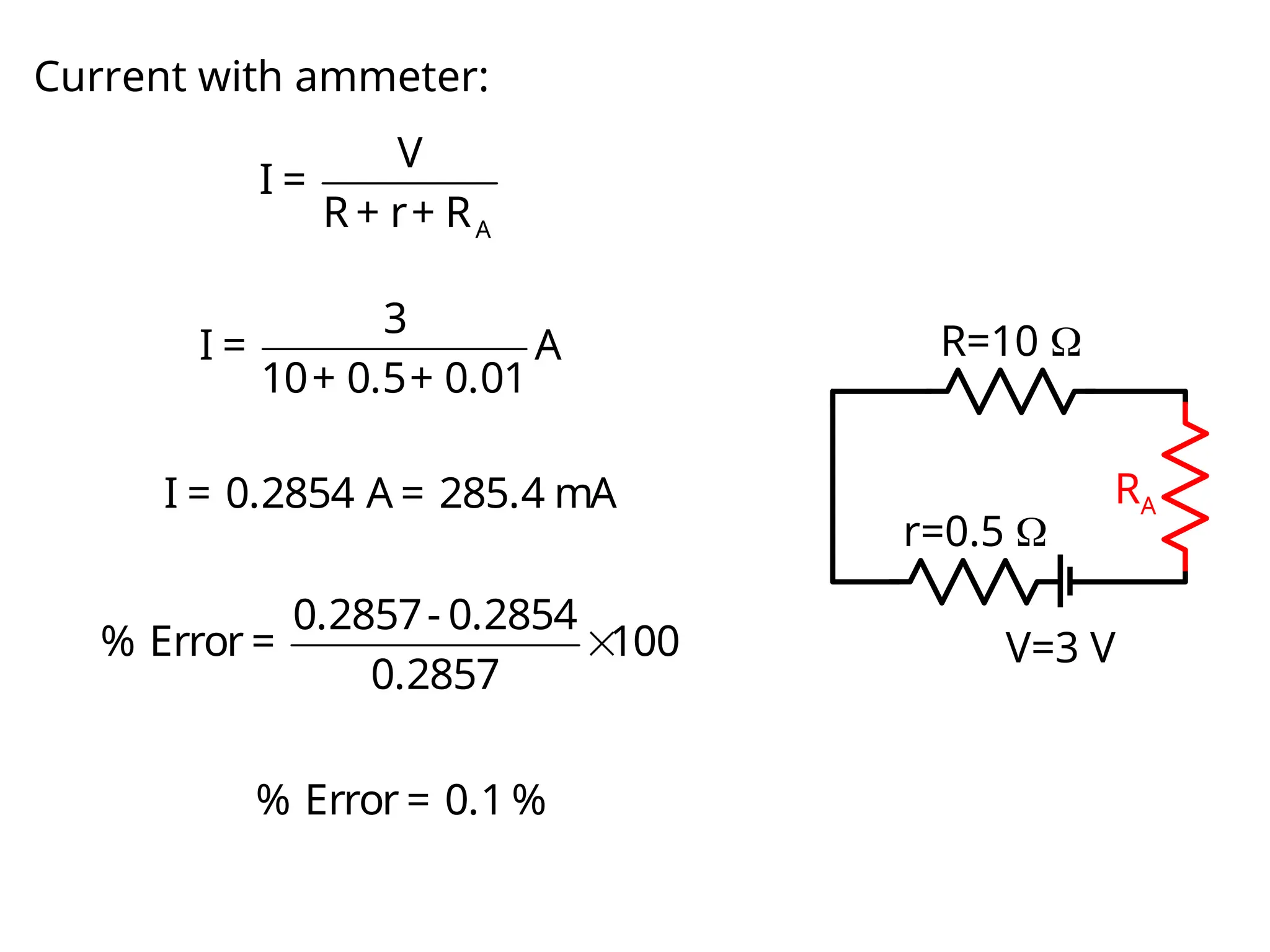 V=3 V
R=10 
r=0.5 
Current with ammeter:
A
V
I =
R + r+ R
3
I = A
10+ 0.5+ 0.01
I = 0.2854 A = 285.4 mA RA

0.2857- 0.2854
% Error = 100
0.2857
% Error = 0.1 %
 