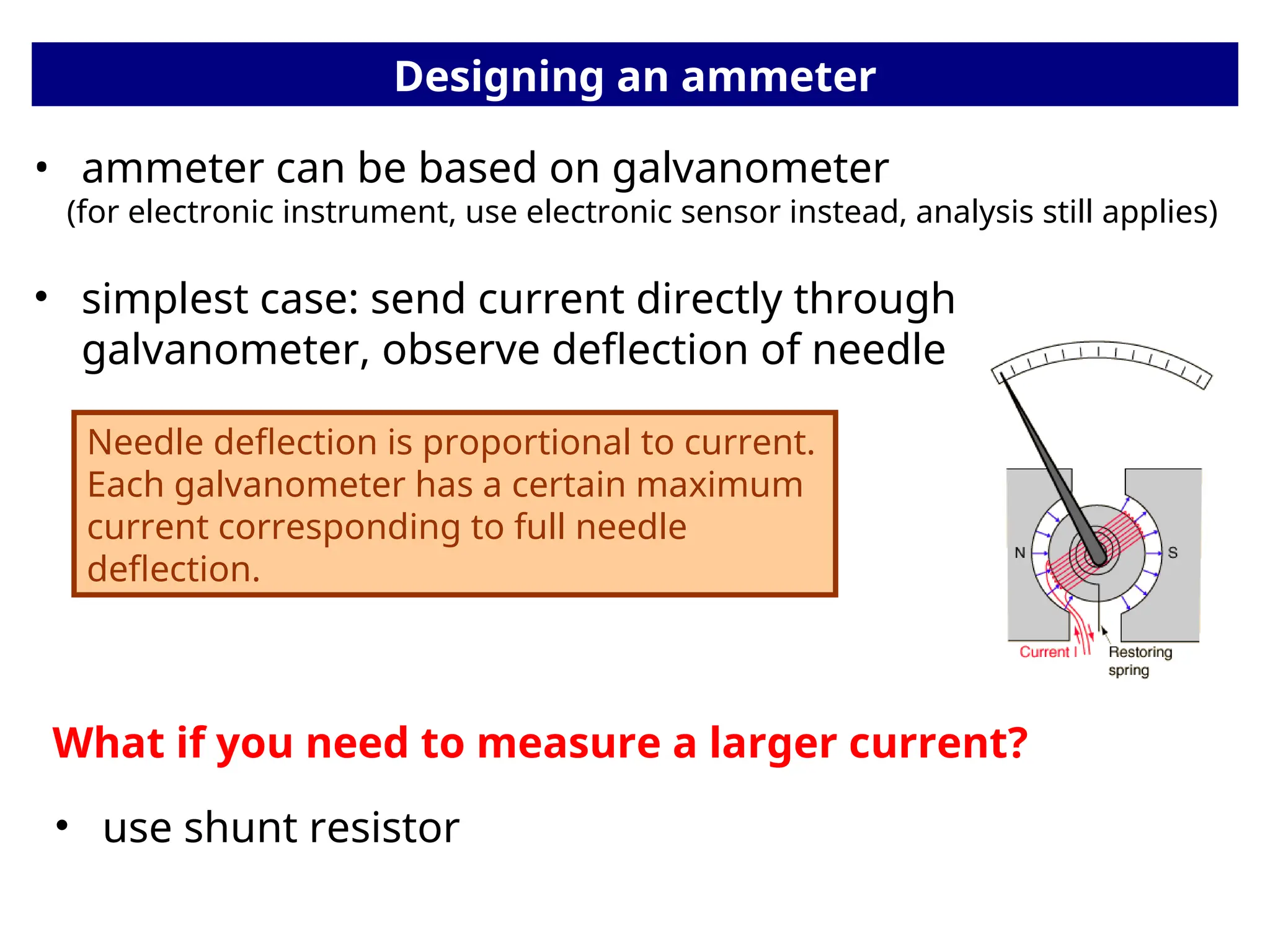 Designing an ammeter
• ammeter can be based on galvanometer
(for electronic instrument, use electronic sensor instead, analysis still applies)
• simplest case: send current directly through
galvanometer, observe deflection of needle
Needle deflection is proportional to current.
Each galvanometer has a certain maximum
current corresponding to full needle
deflection.
What if you need to measure a larger current?
• use shunt resistor
 