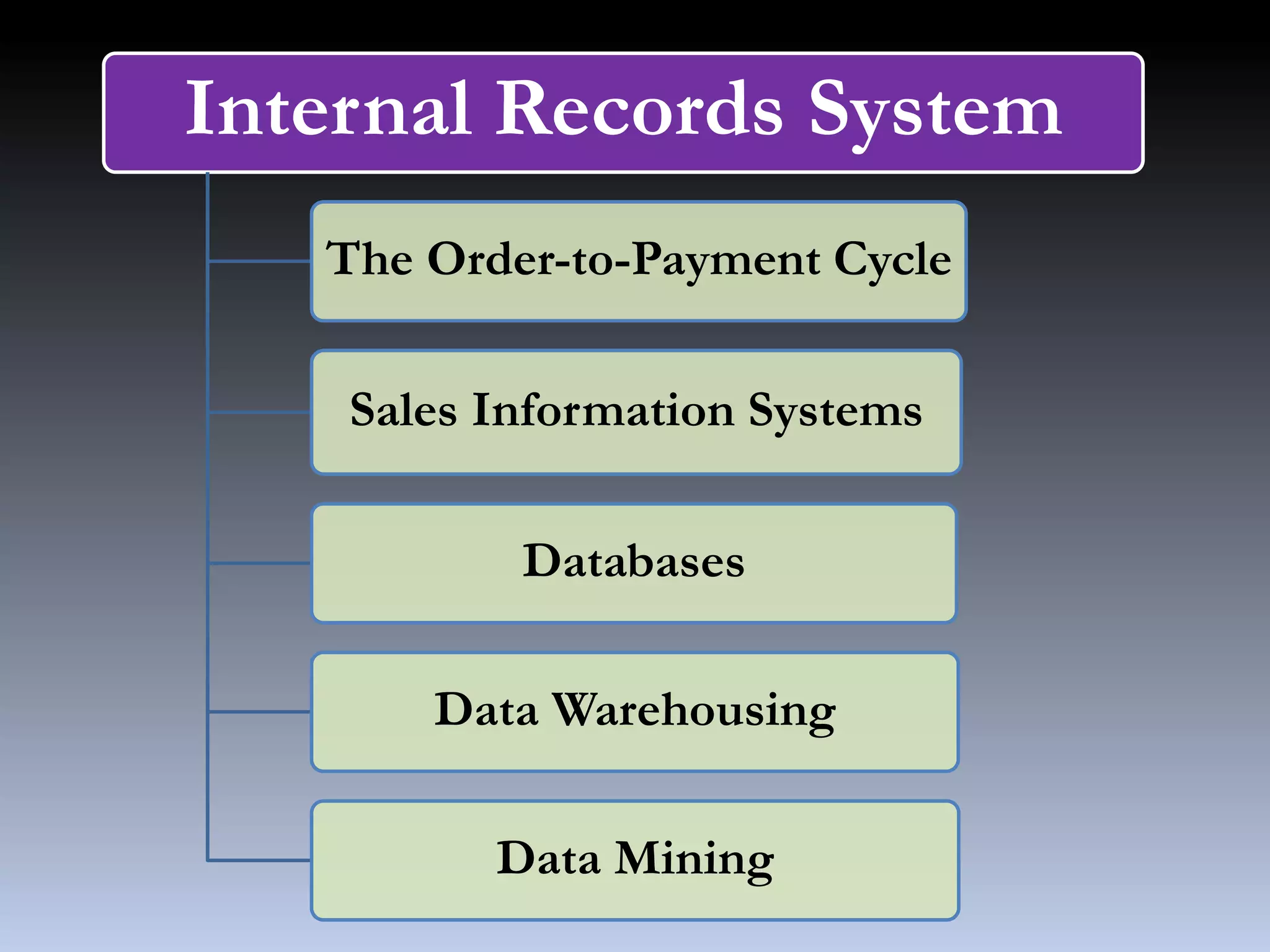 Internal Records System
The Order-to-Payment Cycle
Sales Information Systems
Databases
Data Warehousing
Data Mining
 