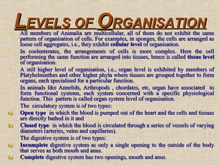 LLEVELS OFEVELS OF OORGANISATIONRGANISATION
 All members of Animalia are multicellular, all of them do not exhibit the sameAll members of Animalia are multicellular, all of them do not exhibit the same
pattern of organisation of cells. For examples, in sponges, the cells are arranged aspattern of organisation of cells. For examples, in sponges, the cells are arranged as
loose cell aggregates, i.e., they exhibitloose cell aggregates, i.e., they exhibit cellular levelcellular level of organisation.of organisation.
 In coelenterates, the arrangements of cells is more complex. Here the cellIn coelenterates, the arrangements of cells is more complex. Here the cell
performing the same function are arranged into tissues, hence is calledperforming the same function are arranged into tissues, hence is called tissue leveltissue level
of organisation.of organisation.
 A still higher level of organisation, i.e., organ level is exhibited by members ofA still higher level of organisation, i.e., organ level is exhibited by members of
Platyhelminthes and other higher phyla where tissues are grouped together to formPlatyhelminthes and other higher phyla where tissues are grouped together to form
organs, each specialised for a particular function.organs, each specialised for a particular function.
 In animals like Annelids, Arthropods , chordates, etc, organ have associated toIn animals like Annelids, Arthropods , chordates, etc, organ have associated to
form functional systems, each system concerned with a specific physiologicalform functional systems, each system concerned with a specific physiological
function. This pattern is called organ system level of organisation.function. This pattern is called organ system level of organisation.
 The circulatory system is of two types:The circulatory system is of two types:
a)a) Open typeOpen type in which the blood is pumped out of the heart and the cells and tissuesin which the blood is pumped out of the heart and the cells and tissues
are directly bathed in it andare directly bathed in it and
b)b) Closed typeClosed type in which the blood is circulated through a series of vessels of varyingin which the blood is circulated through a series of vessels of varying
diameters (arteries, veins and capillaries).diameters (arteries, veins and capillaries).
 The digestive system is of two types:The digestive system is of two types:
a)a) IncompleteIncomplete digestive system as only a single opening to the outside of the bodydigestive system as only a single opening to the outside of the body
that serves as both mouth and anus.that serves as both mouth and anus.
b)b) CompleteComplete digestive system has two openings, mouth and anusdigestive system has two openings, mouth and anus..
 