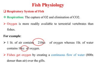 Fish Physiology
 Respiratory System of Fish
 Respiration: The capture of O2 and elimination of CO2.
 Oxygen is more readily available to terrestrial vertebrates than
fishes.
For example:
 1 lit. of air contains 210cc of oxygen whereas 1lit. of water
contains 10cc of oxygen.
 Fishes get oxygen by creating a continuous flow of water (800x
denser than air) over the gills.
 