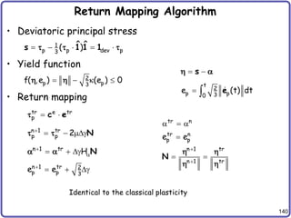 140
Return Mapping Algorithm
• Deviatoric principal stress
• Yield function
• Return mapping
1
p p dev p
3
ˆ ˆ
( )
    
s 1 1 1
  
2
p p
3
f( ,e ) (e ) 0
  k 
 
 
s
 
t
2
p p
3
0
e (t) dt
  e
tr e tr
p  
c e

n 1 tr
p p 2

  gN
 
n 1 tr
H


  g N
 
n 1 tr 2
p p 3
e e

  g
tr n
tr n
p p
n 1 tr
n 1 tr
e e


  

 
N
 
 
Identical to the classical plasticity
 