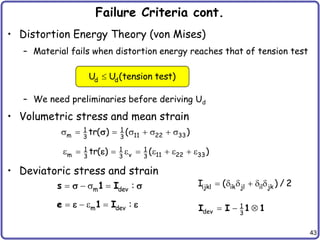 43
Failure Criteria cont.
• Distortion Energy Theory (von Mises)
– Material fails when distortion energy reaches that of tension test
– We need preliminaries before deriving Ud
• Volumetric stress and mean strain
• Deviatoric stress and strain
d d
U U (tension test)

1 1
m 11 22 33
3 3
tr( ) ( )
s   s  s  s
s
1 1 1
m v 11 22 33
3 3 3
tr( ) ( )
e   e  e  e  e
e
m dev :
  s 
s 1 I
s s
m dev :
  e 
e 1 I
e e 1
dev 3
  
I I 1 1
ijkl ik jl il jk
I ( ) / 2
     
 