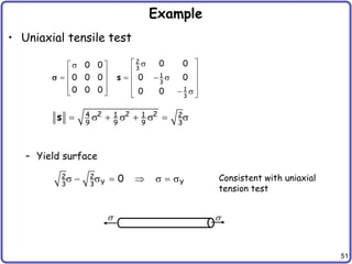51
Example
• Uniaxial tensile test
– Yield surface
2
3
1
3
1
3
0 0
0 0
0 0 0 0 0
0 0 0 0 0
 
s
s
 
 
 
   s
 
 
 
   s
   
s
s
2 2 2
4 1 1 2
9 9 9 3
 s  s  s  s
s
2 2
Y Y
3 3
0
s  s   s  s
s s
Consistent with uniaxial
tension test
 