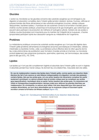 LES FONDAMENTAUX DE LA PATHOLOGIE DIGESTIVE
© CDU-HGE/Editions Elesevier-Masson - Octobre 2014
Toute reproduction ou traduction de l’ouvrage est interdite sans l’accord préalable de l’éditeur
Partie I : Les organes - Chapitre 4 : Côlon - Page 11/21
Glucides
L’action du microbiote sur les glucides concerne des substrats exogènes qui ont échappé à une
digestion et absorption complètes dans l’intestin grêle (amidon résistant, lactose, fructose, raffinose et
polysaccharides des fibres alimentaires) et des substrats endogènes (mucines, cellules coliques
desquamées, bactéries lysées). L’hydrolyse de ces substrats conduit à la formation d’acides gras à
chaînes courtes (acides acétique, propionique et butyrique) et de gaz (hydrogène, gaz carbonique qui
peuvent alors participer à la production de méthane et hydrogène sulfuré). Certains de ces acides à
chaînes courtes (butyrates) sont importants pour le maintien de l’intégrité de la muqueuse ; d’autres
(propionates) participent après leur absorption sanguine au métabolisme de l’organisme.
Protéines
Le métabolisme protéique concerne les substrats azotés exogènes qui n’ont pas été digérés dans
l’intestin grêle (protéines alimentaires) et endogènes (enzymes pancréatiques et intestinales, cellules
intestinales ou bactéries mortes, urée). La protéolyse surtout effective dans le côlon gauche donne
lieu à des phénomènes de putréfaction avec formation d’acides aminés et d’amines. Le microbiote
produit également des polyamines (putrescine, spermidine, spermine), de l’ammoniaque, des acides
gras et des gaz (CO2, H2, CH4).
Lipides
Les lipides qui n’ont pas été complètement digérés et absorbés dans l’intestin grêle ne sont ni digérés
ni absorbés pendant leur transit colique. Ils donnent lieu à la stéatorrhée, mesurable dans les selles.
Figure 4.9 : Conséquences fonctionnelles d’une résection iléale étendue
Illustration : Carole Fumat
Résection iléale étendue
Malabsorption des graisses
par déficit en sels biliaires
Malabsorption Vitamines A, D, E, K
Risque de lithiase
rénale oxalique
Malabsorption des sels biliaires
Malabsorption Vitamines B12
Absorption d’oxalate
à travers l’épithélium colique
Ca luminal libre
(saponification calcium
+ acides gras libres)
Oxalate luminal libre
Intestin grêle
Côlon
En cas de malabsorption massive des lipides dans l’intestin grêle, comme après une résection iléale
étendue (du fait d’une carence en sels biliaires indispensables à la digestion normale des graisses),
certains lipides, tels que les acides gras, ont une action laxative de mécanisme complexe (en partie
seulement osmotique). Le calcium présent dans la lumière colique peut se complexer aux acides
gras (saponification), neutralisant ainsi en partie l’action laxative des acides gras. Ce mécanisme est
utilisé en thérapeutique (supplémentation calcique orale) pour atténuer les grandes diarrhées par
malabsorption. En contrepartie, le calcium ainsi utilisé n’est plus disponible pour être associé aux
oxalates alimentaires, qui sont alors absorbables par la muqueuse colique et favorisent après
excrétion urinaire la formation de lithiase oxalique (figure 4.9).
 