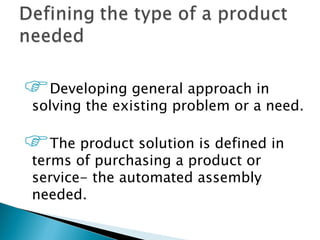 Developing general approach ainneed.
solving the existing problem or

Theof purchasing a product or in
terms
      product solution is defined

 service- the automated assembly
 needed.
 