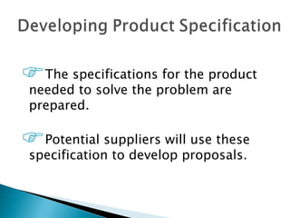 The specificationsproblemproduct
needed to solve the
                    for the
                            are
 prepared.

Potential suppliers willproposals.
specification to develop
                          use these
 